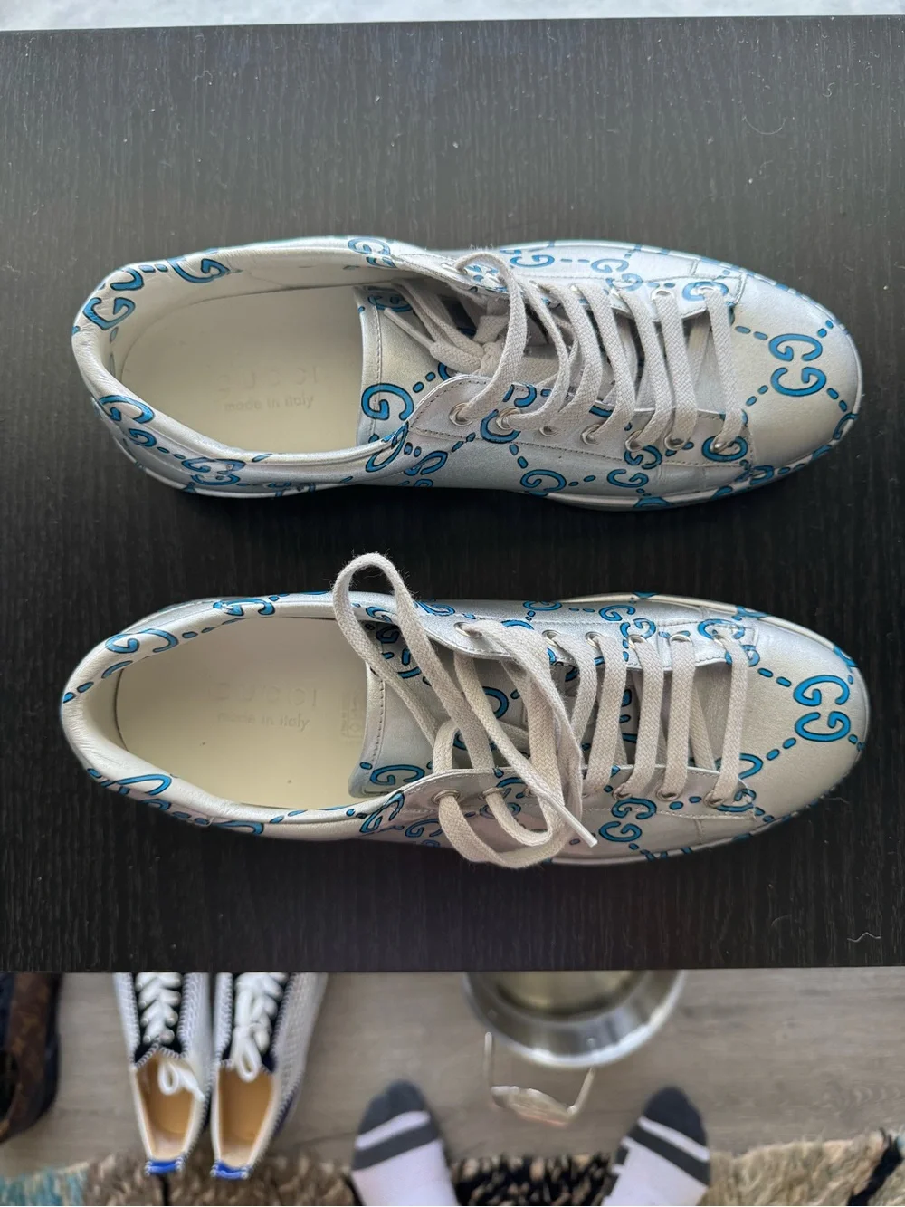 Gucci Ghost Ace GG Print Leather Sneakers Silver/Blue – Men’s US 8.5 (EU 42)